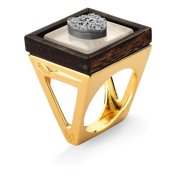María Dolores - Obra da Natureza Ring - White Agate/Metallized Druze – Galeria